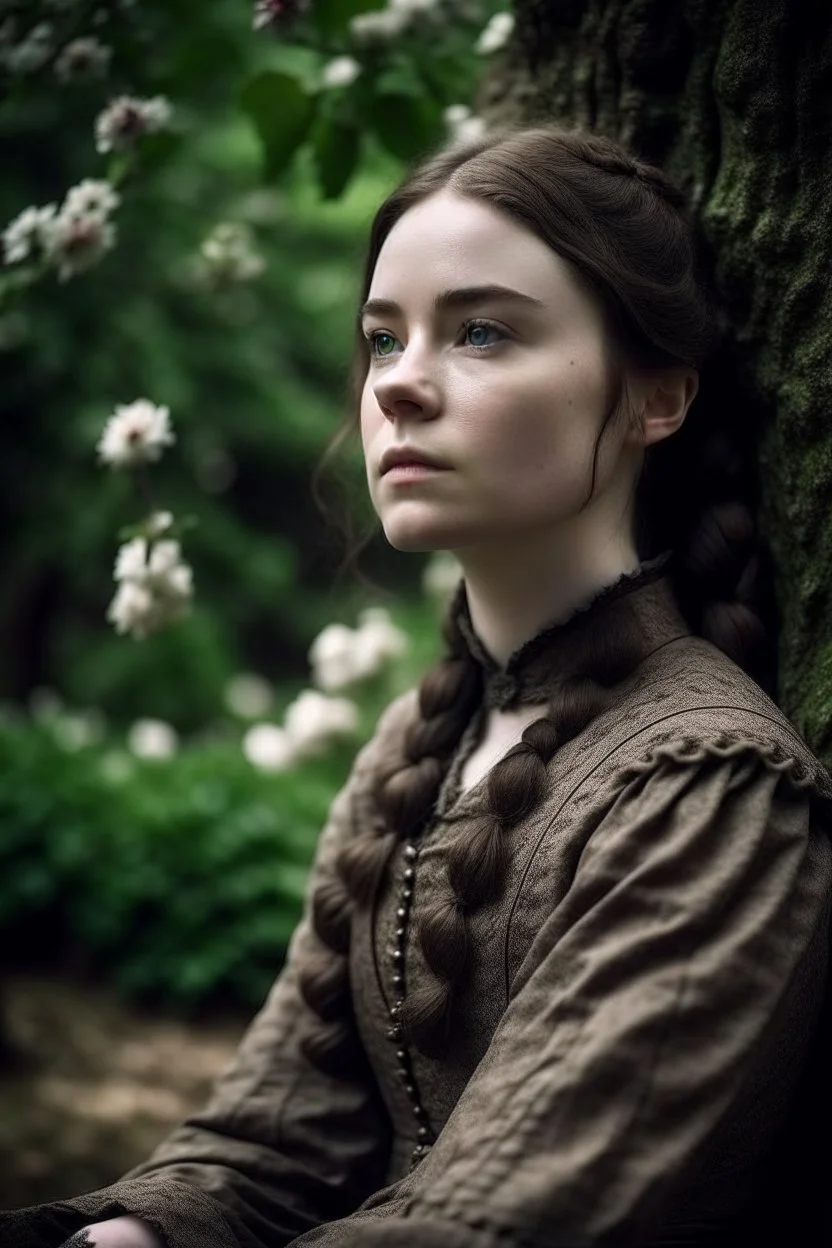 Beautiful Girl in the garden, 18 century, brunette, literally dark hair, dark eyes, fat, smell of sakura, rest, detailed face, england, she is staying under the tree, 30 years old, Game of thrones, Sansa Stark