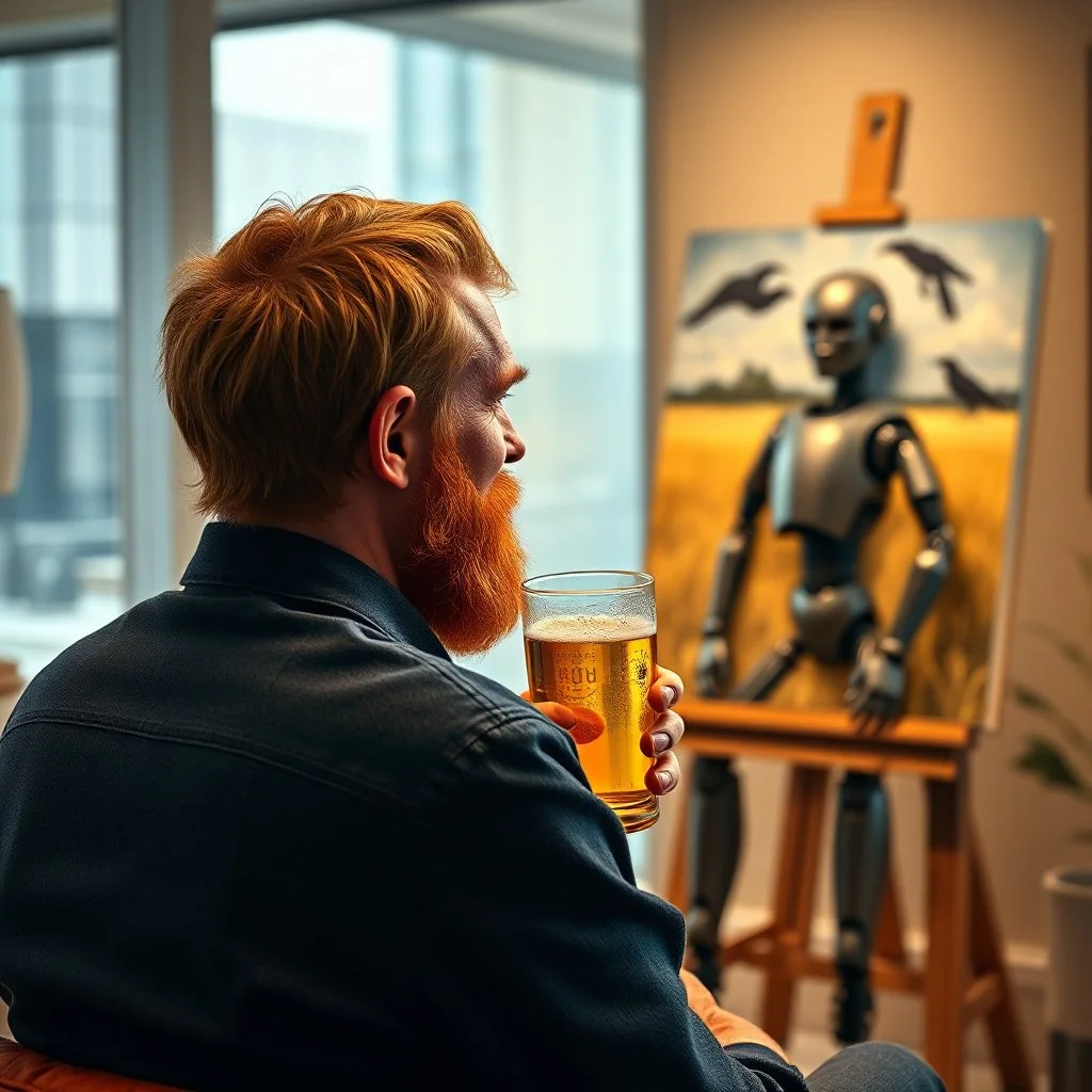 Vincent Van Gogh seen from behind. We can disting his red beard and hair. He is smiling sitted in his modern luxury apartment drinking a beer looking at a standing tired-looking sophisticated humanoid robot painting a version of "Wheatfield with Crows" at the background. The background is a bit out of focus. Ultra realistic, sharp, colorful photograph.