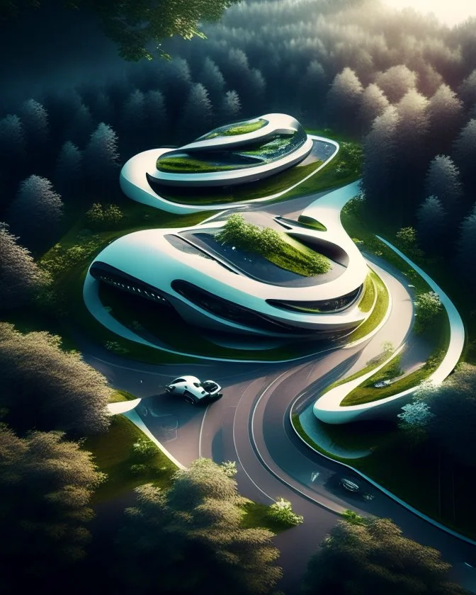 Cabaña futurista estilo Zaha Hadid árboles gente parqueadero vista aérea 8k