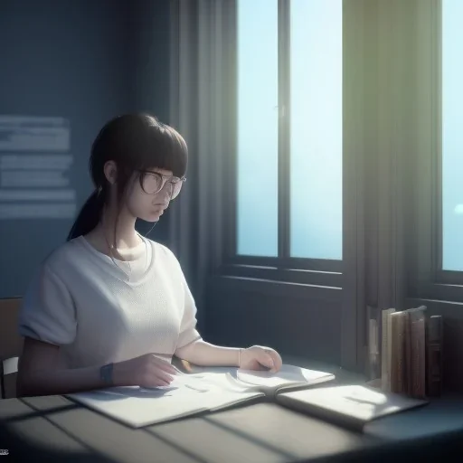 female student studying by the window, anime style, unreal engine 5, sun light, studio lighting --ar 1:1