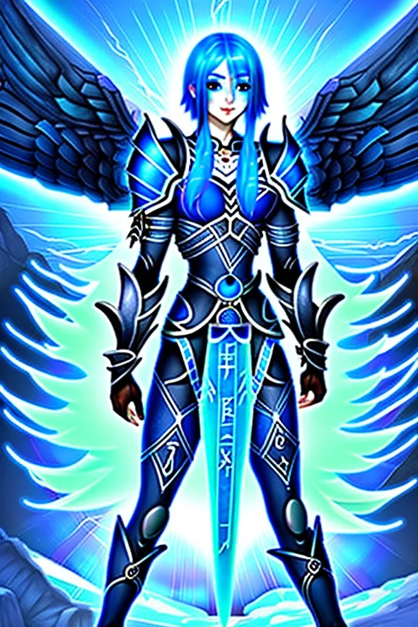 a person in runic armor with blue wings, blue short hair, runic tattoo and spell book