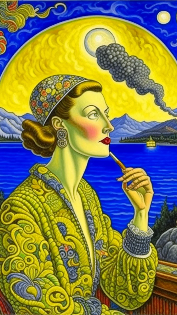 portrait of a woman smoking a cigarette, the cosmic mists seeping into her brain, crescent moons in her eyes, feather earrings in her ears, a crescent moon to right, a wrought iron fence and a lake behind, a mountain range in the distance by seraphinianus kodex