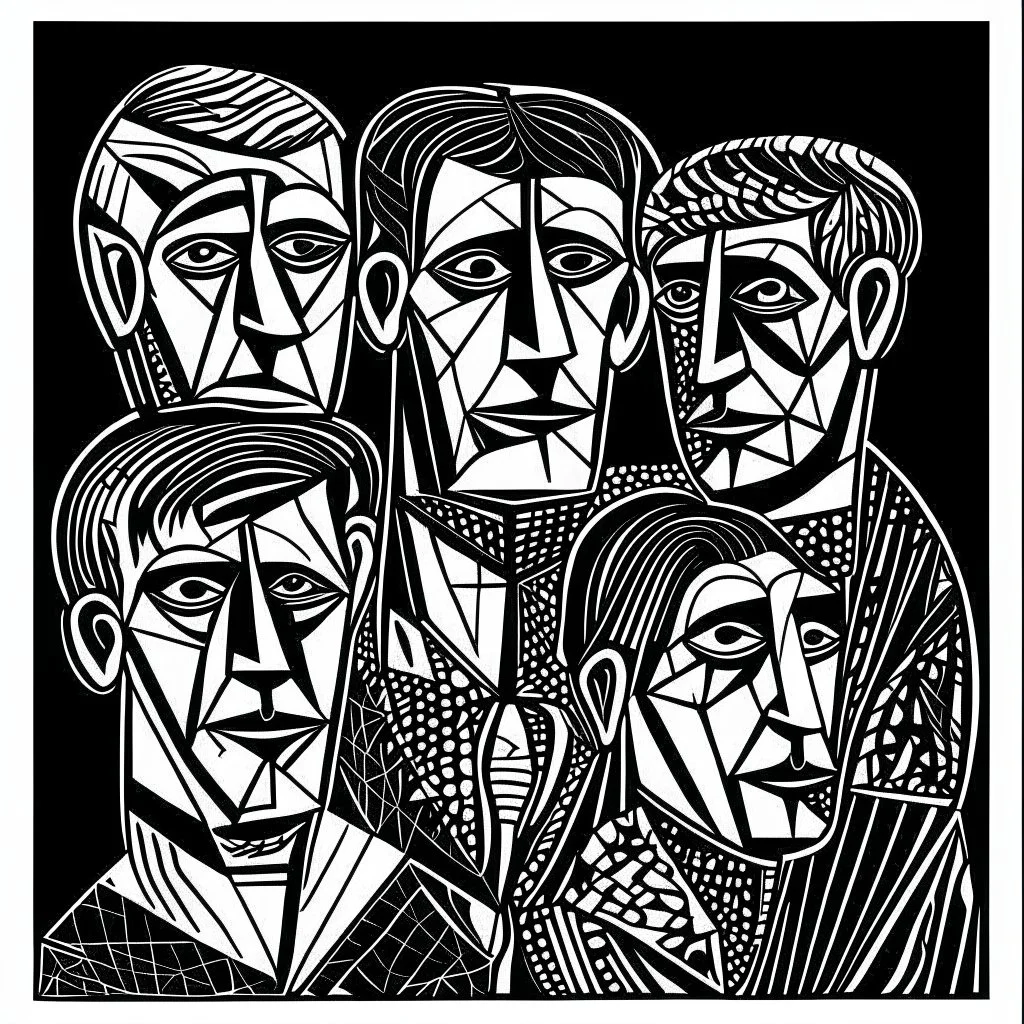 picasso group of 5 men only lines black and white