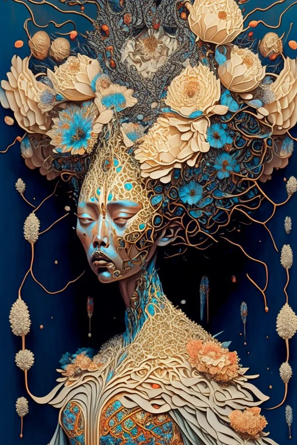 The surreal picture entitled "Queen of the damned" depicts an Ethereal woman wearing an intricately detailed gown made of quilling made of objects from nature who has flowers cascading down from the top of her head", hyper-detailed, constructivism, stunning, dynamic, Victo Ngai, Michelangelo, Dali