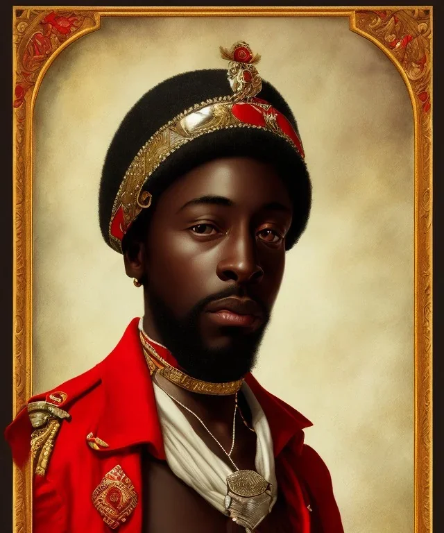 Negro Felipe, african slave, red uniform, red headband, short beard