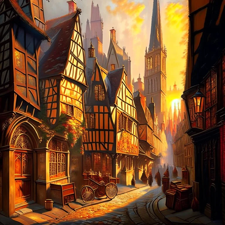 A realistic oil painting of medieval London, with intricate details of the architecture and streets, painted in the style of Jan van Eyck and Paul Cézanne, (long shot), warm golden lighting, vibrant colors, historical accuracy.