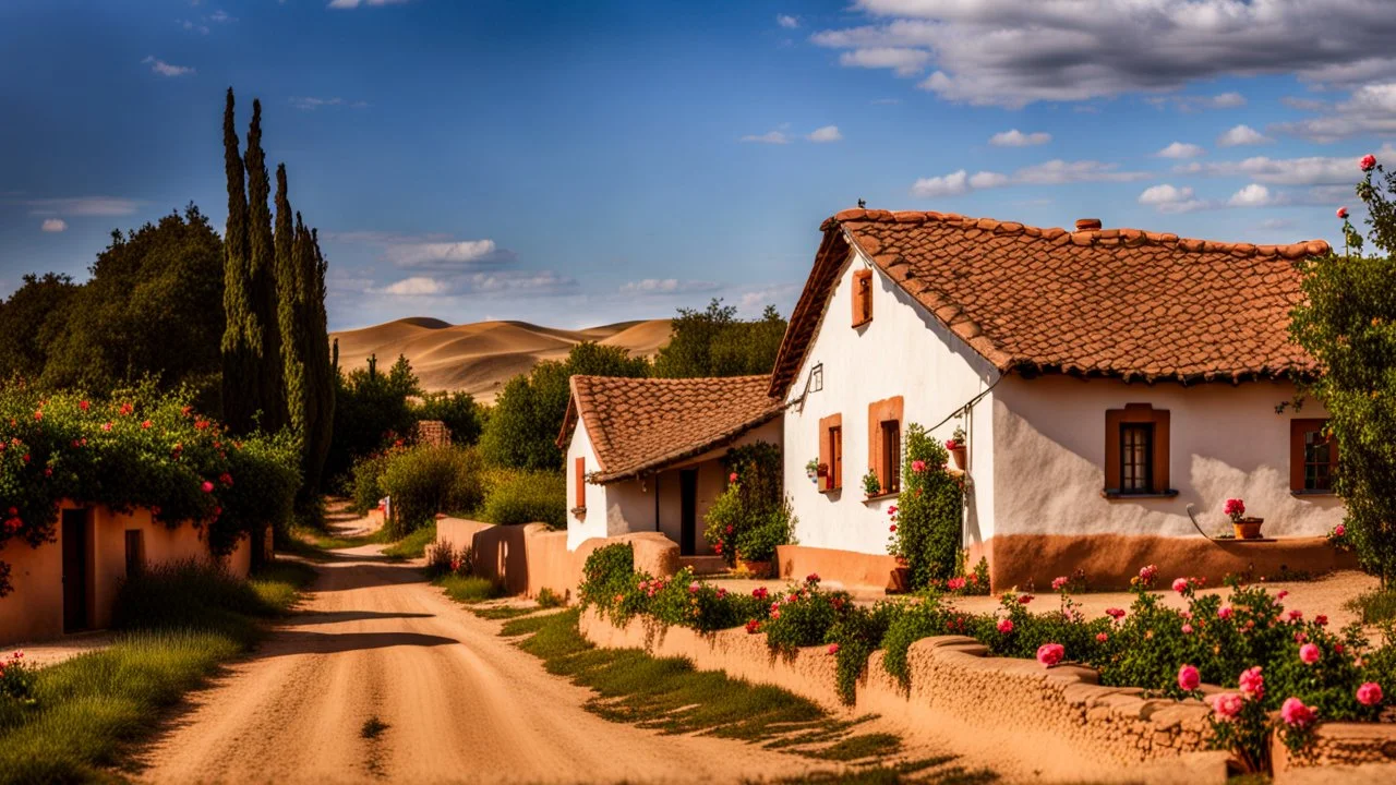 old village houses, European village, dirt road, the last house on the street is the oldest, with an old roof, adobe house, rose bushes in front of the house street photo, cloudy sky