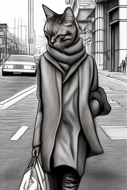 one single mature cat walking on the street, thoughtful, mourning, model style, hyper realistic, extremely accurate, delicate, extremely detailed, Graphic novel style, wide-angle, open aperture, superfine pencil