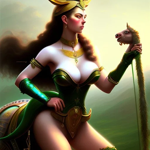 fullbody portrait of beautiful busty amazon woman with big green eyes riding a horse by Luis Ricardo Falero 8k