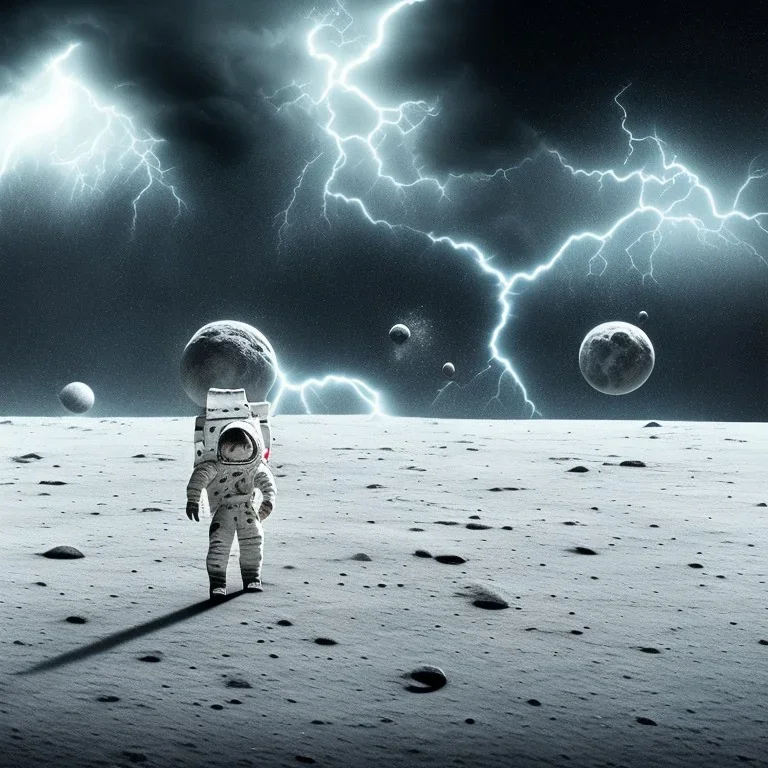 man walking on moon in thunderstorm