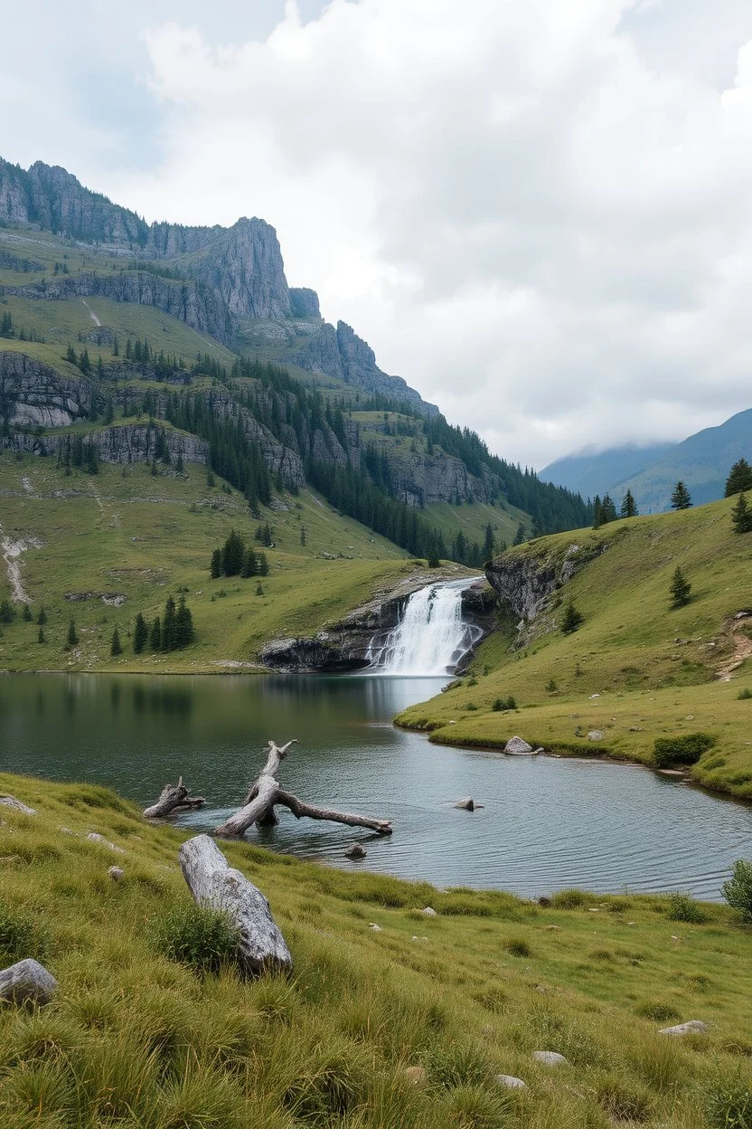country side with a small lake and a pretty height fall that comes out of a nearby mountain rocks and falls to calm lake