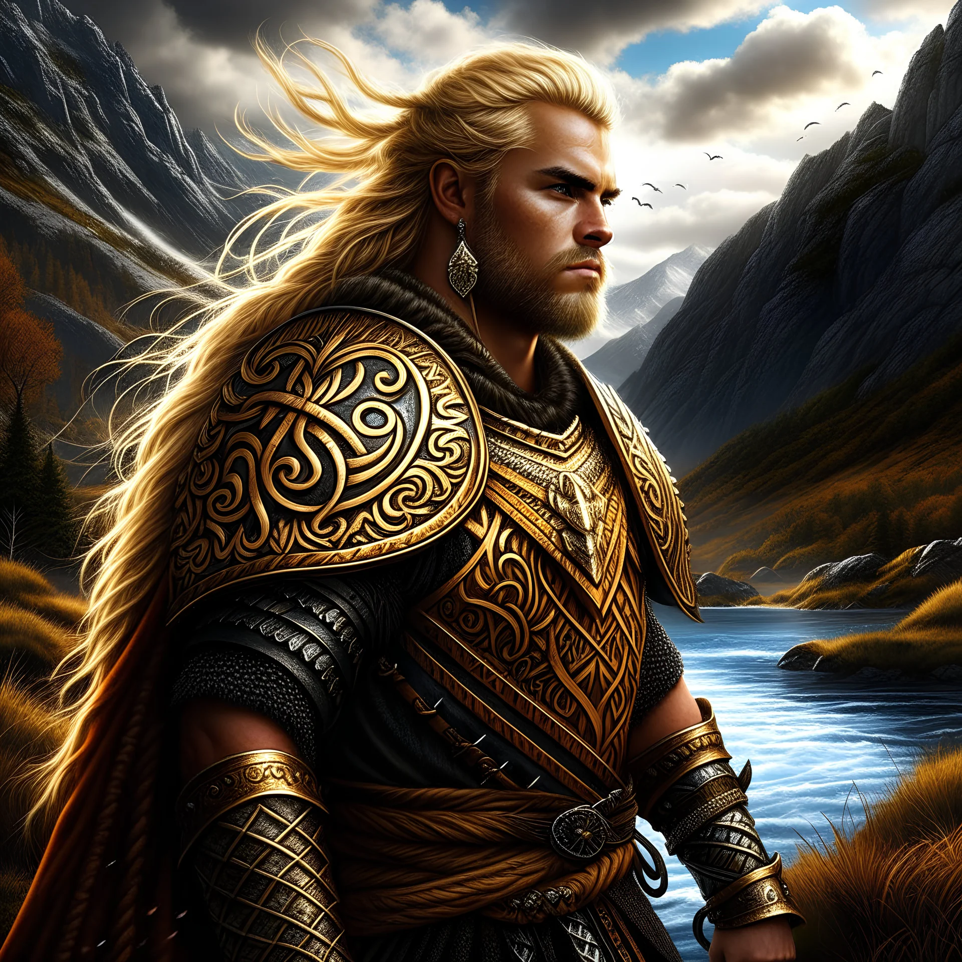 Blond Viking warrior, painted, digital painting, 24k, high resolution, highly detailed, ornate, mountain views with streams of water, art by JOHN STEPHENS