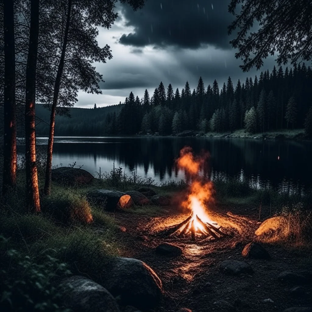 Dark rainy night with campfire and nature in Scandinavia