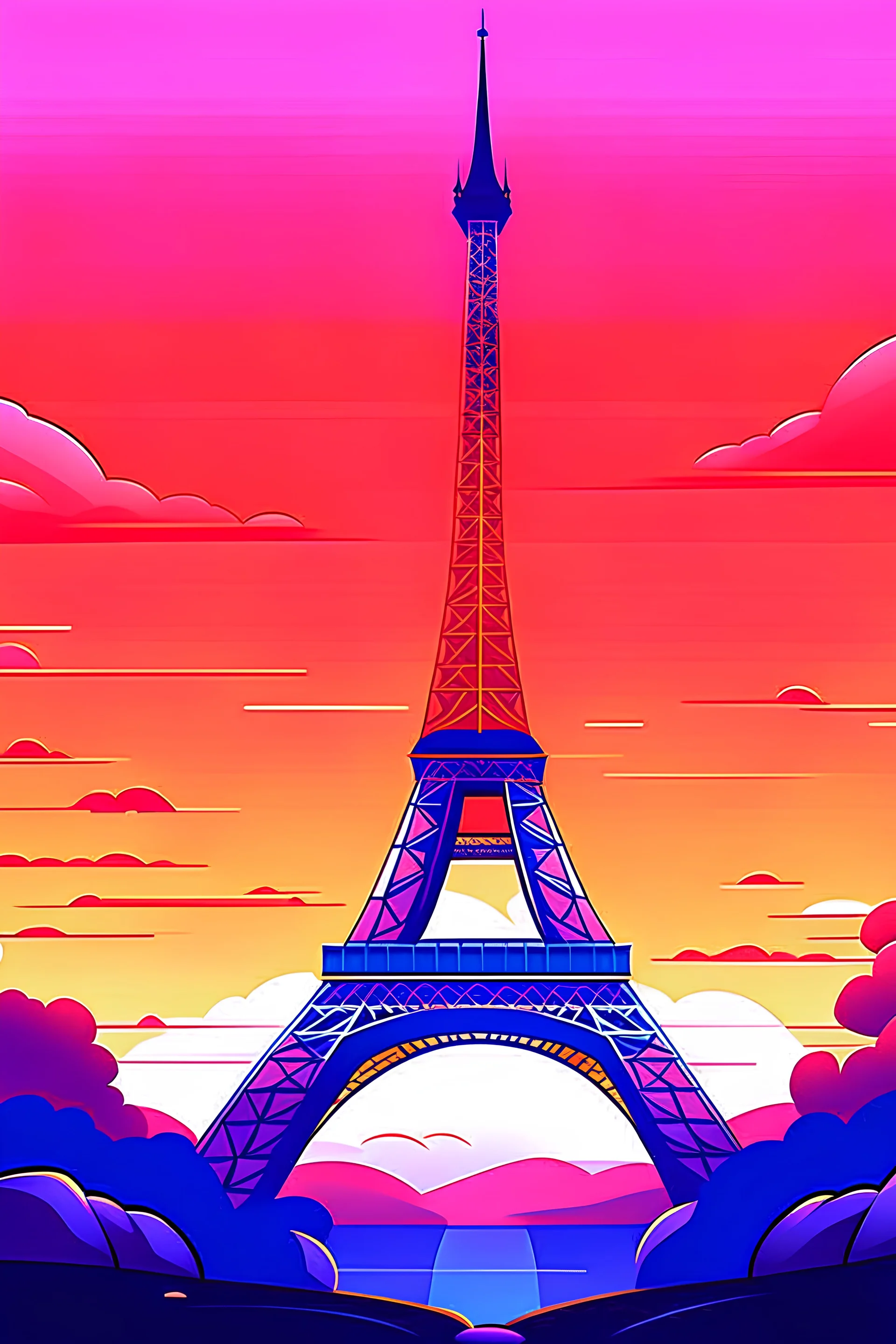 A colorful illustration of the Eiffel Tower at sunset, modern, 4k, epic composition, flat vector art illustration, shades of pink, orange, and purple, long shot --no text, fonts, letters, words, watermark, gradient.