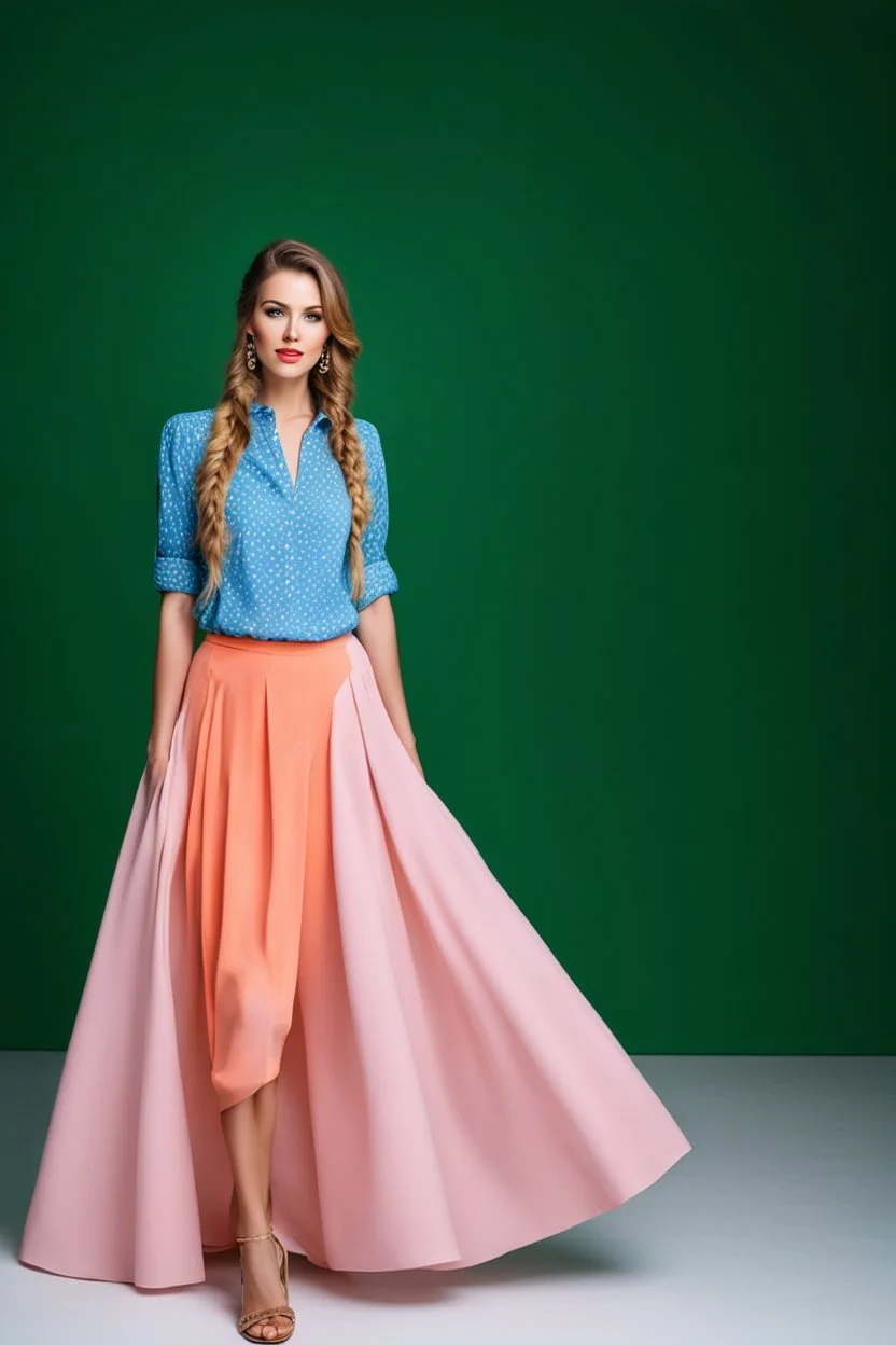 full body of very beautiful lady midi blue skirt and orange bluse , Braided hair ,standing idle happy pose in studio pretty makeup