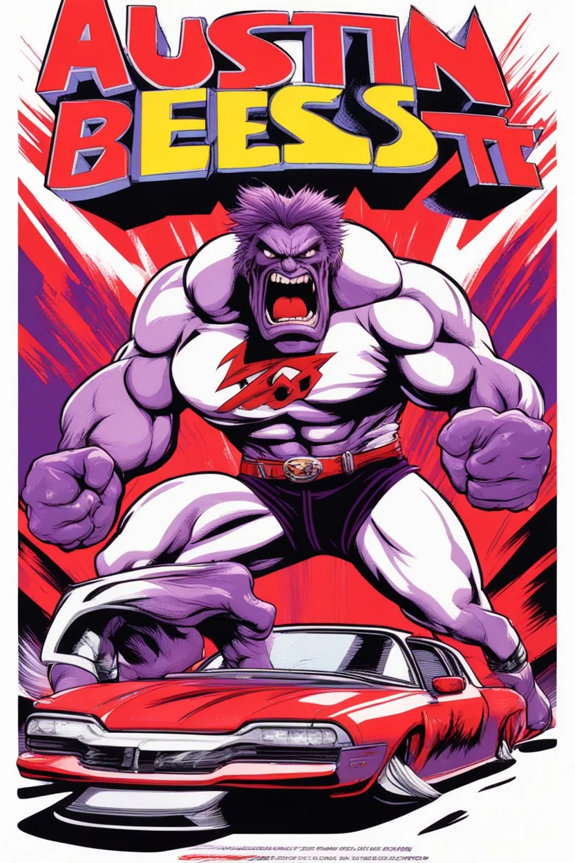 mad crazy wild super head big title with movie poster title: Austin super beast, 90s style, angry fast, extreme, wild, so so so so angry, tough sexy red and purple background with 90s comic style slashes