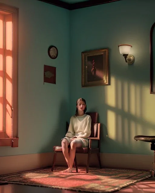 Room scene with sit woman, Wes Anderson style, realistic photo, concept art, smooth, unreal engine 5, god lights, ray tracing, RTX, lumen lighting, ultra detail, volumetric lighting, 3d.