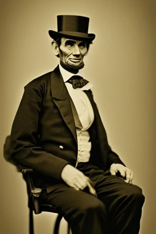 Abraham Lincoln, cleanshaven sitting in a chair with a tophat in his hand vintage photography, beautiful, Tumblr aesthetic, retro vintage style, HD photography, hyperrealism