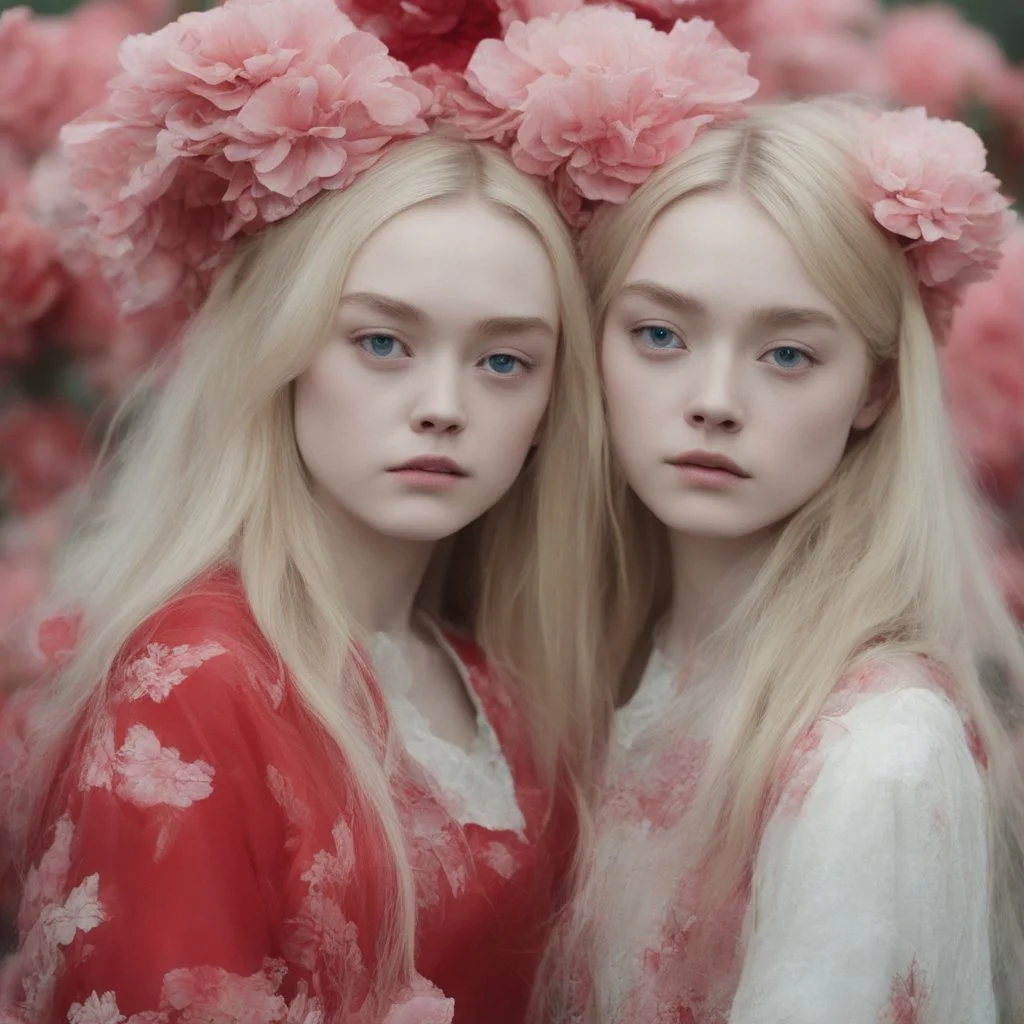 Elle fanning and dakota fanning as flowers, red, in china