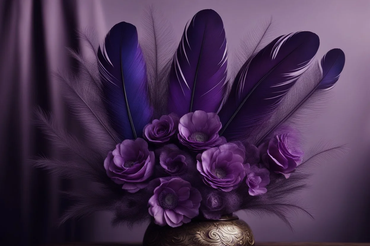 a beautiful, lifelike feather bouquet in purple with a lifelike eye in the centre in a beautifu vase in an elegant room S<AI Nikon D850 highly detailed digital painting sharp focus elegant intricate photorealistic 4k very attractive beautiful dynamic lighting award winning fantastic view crisp quality Unreal Engine very cute cinematic postprocessing acrylic art in sunshine