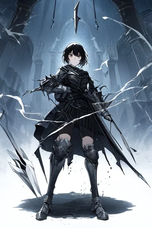 Anime girl with short black hair and sharp green eyes holding a spear, full body black and white metal plate armour, full body shot, Dramatic lighting,1woman, soaked in blood, Warrior, standing pose, One weapon