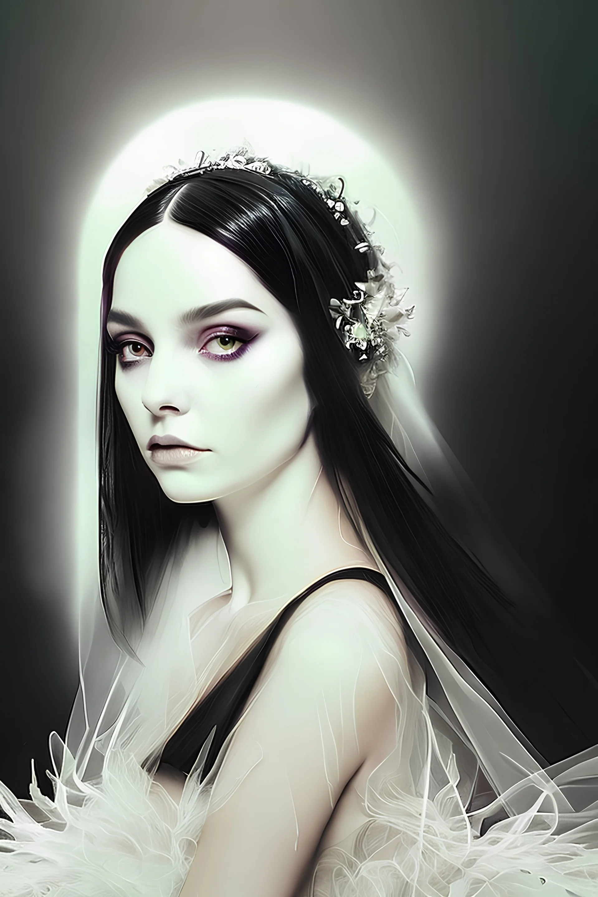 Ultra quality digital_illustration portrait of a witch bride wearing black wedding dress !!!, occult!!, deep watercolor!,cosmic, astral, inspired by ismail inceoglu, Dan_witz, moebius , android_jones, artgerm , studio mappa, photorealistic, Hyperrealistic, cgsociety zbrush_central fantasy album cover art 4k hdr 64 megapixels 8k back lit complex elaborate fantastical hyperdetailed