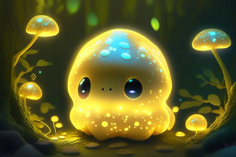 cute chibi slime radiant golden glow in mystical bioluminescent forest , highly detailed , cute facial features , 3D reflections