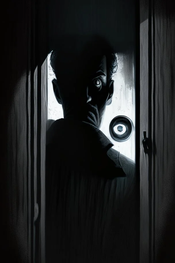 The man standing on the other side of the door, looking through the peephole with a suspicious expression on his face, modifiers: dark, Moody, shadowy, Low angle, film noir, Highly detailed, Digital painting, Artstation, Sharp focus, contrast, Contrasting colors, mystery, suspenseful, thriller, Expressionism, trending on deviantart, art by jock and sean phillips.