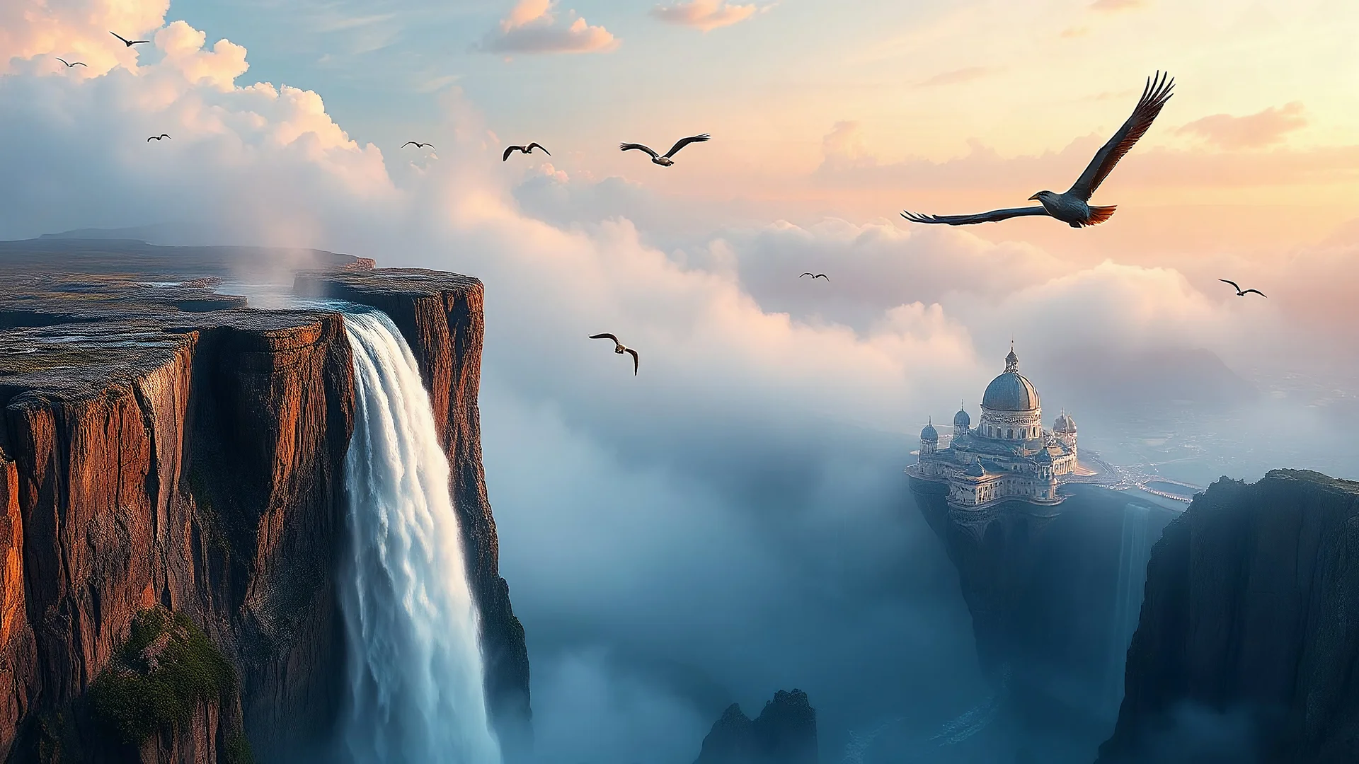 A colossal waterfall cascading off the edge of a floating continent, with massive birds soaring between the mist and a glowing city suspended beneath the cliff. Photographic quality and detail, award-winning image, beautiful composition.