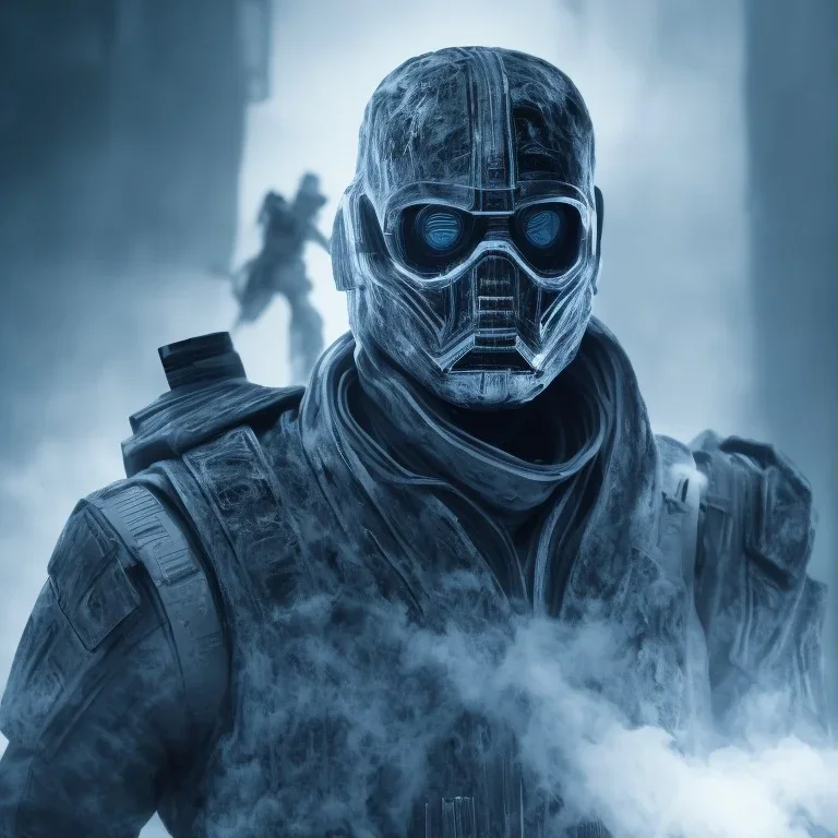 All Black Hayden Christensen soldier, ghost, wearing high tech mask, white smoke, dark, rage, sorrow, high definition, ultra 8 k, volumetric lighting, blue fire, fog