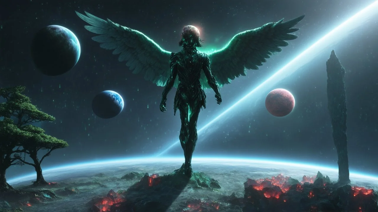 matrix, god creation, few planets on the back ground. small and large monoliths of red, blue, and green crystals of tiberium on the right side, seven space trees on the left side of the angel from the other dimensions.