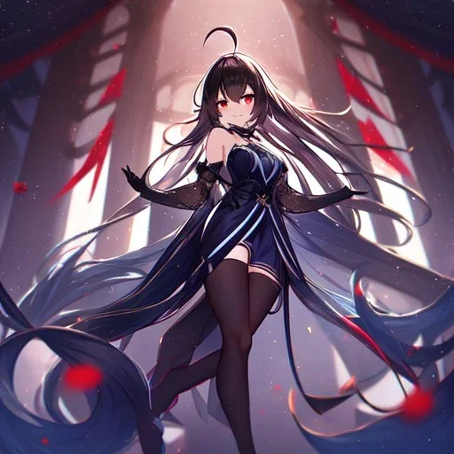 Clear focus,High resolution,High quality, Smiling,Wearing a Navy Inspired Outfit,Wearing black long socks, Black Long hair with a ahoge, Red eyes, Wearing black gloves