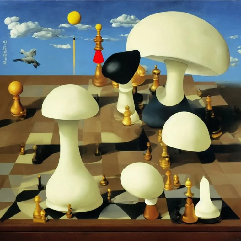 Putin, President Xi Of China And Joe Biden Play Chess With A Pigeon,Ufo And Atomic Bomb Mushroom Cloud,Complex Surgical Instruments Intermixed With A Newborn Boy,Minimalism,Painting By Adrian Ghenie,Rene Magritte,Pablo Picasso,Michelangelo,Salvador Dali,Lucian Freud