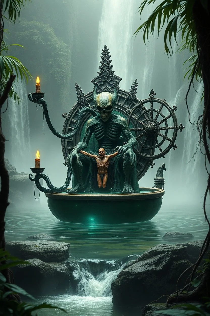 action figure of a crucified alien necrophyte electric eel necromancer on round swamp transparent glass obcidian boat beholder eye wheel throne in a charged foggy jungle waterfall, with withered filmgrain