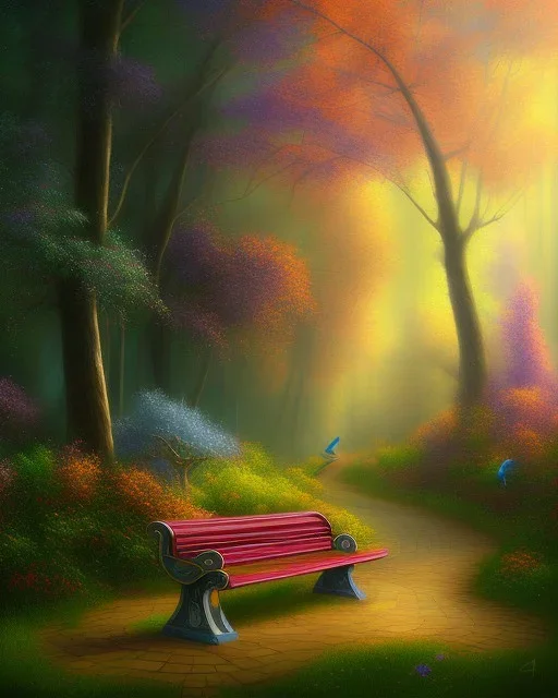 park mystical dream, park bench, trees, path, bird, sunshine, mystical, fantasy, romanticism, pastel colors, daylight, daytime, acrylic painting, detailed, soft focus,