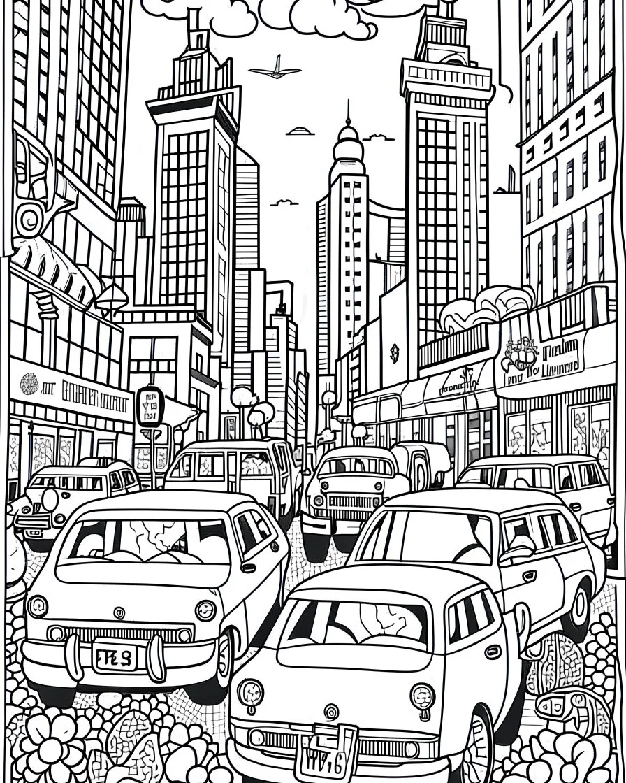 Craft an appealing black and white coloring page inspired by the iconic yellow taxis, skillfully depicting them weaving through the lively streets of Manhattan. Remove the black background to create a delightful coloring experience suitable for both kids and adults.