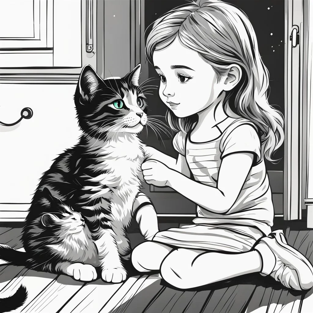 very beautiful realistic cartoon 10 years old girl playing with a cat