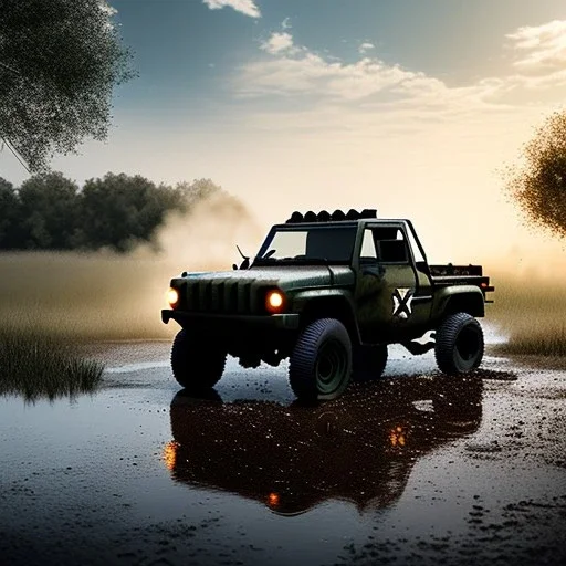 hyperrealistic shot, muddy military toy truck, monotone color palette, sharp focus, puddle reflection, tire water splash, refraction, mist on the horizon, shadowcast, detailed and intricate, cinematic composition, micro, tilt shift photography