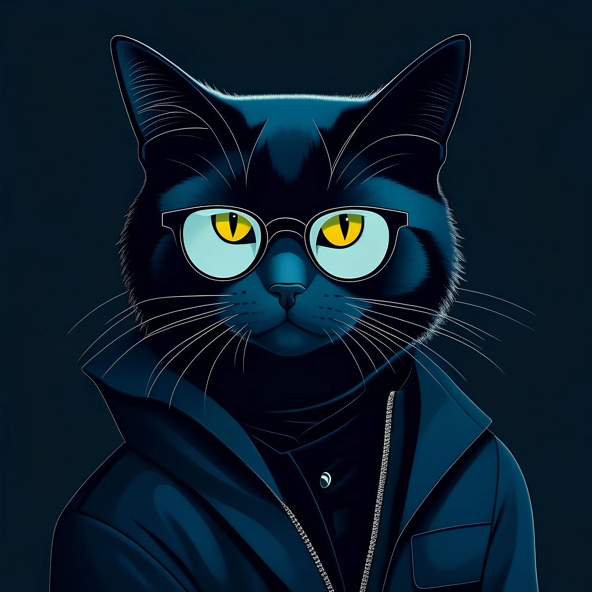 Drawing of a cat with black jacket and glasses NFT style