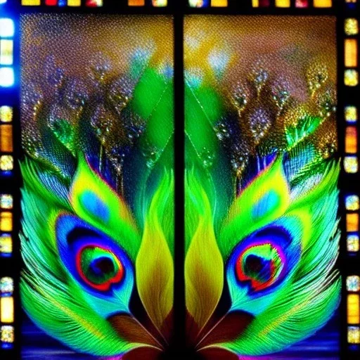 Ultra detailed Drawing in oil on canvas of Stained Glass Peacock ,extremely detailed digital painting, extremely detailed face,crystal clear Big eyes, mystical colors ,perfectly centered image, perfect composition, rim light, beautiful lighting,masterpiece,8k, stunning scene, raytracing, anatomically correct, in the style of robert e howard and Ken Kelley and Ohrai Noriyoshi and Simon Bisley and tomzj1