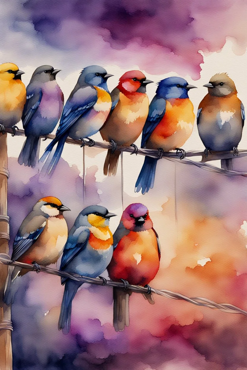 A captivating watercolor illustration featuring six exquisitely rendered birds perched gracefully on a wire. Each bird exhibits a unique color palette, from the rich browns and grays to the bold blues, reds, and yellows, culminating in the enchanting purple hue. The composition emphasizes the birds' side profiles, creating a dynamic visual effect. Their vibrant plumage beautifully contrasts against the pristine white background, resulting in a harmonious blend of nature and color that captivates