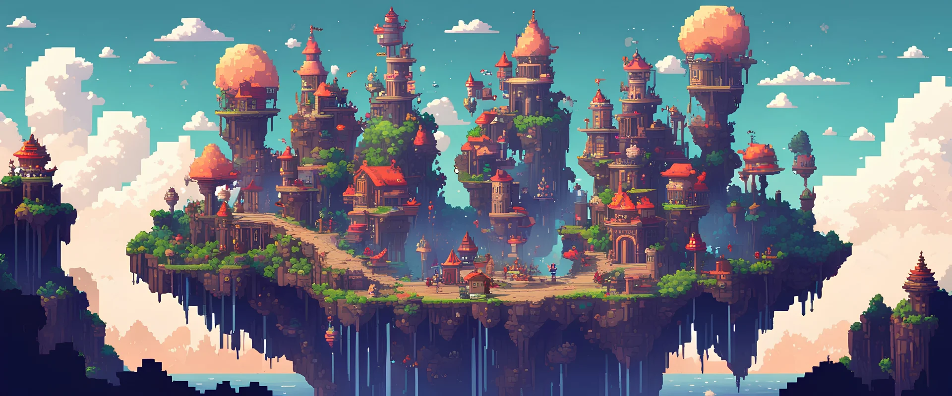 magic giant city with magic, pixel art plataform