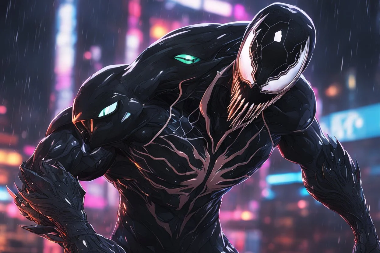 Venom machine in 8k solo leveling shadow artstyle, white fox them, close picture, rain, neon lights, intricate details, highly detailed, high details, detailed portrait, masterpiece,ultra detailed, ultra quality