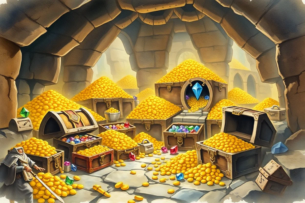 dnd, fantasy, watercolour, large strokes, stylistic, dungeon, piles of gold, chests full of gold, various gems, various riches, opulent, grandiose, large picture