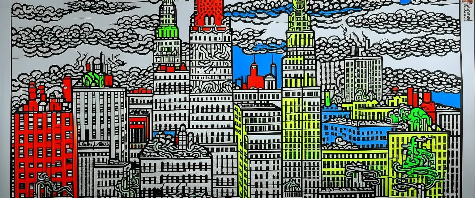 Silver towers in a thunderstorm painted by Keith Haring