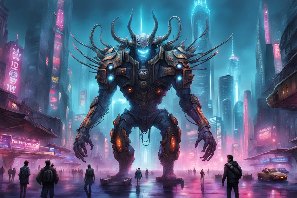 cities of the future cyberpunk in the center of the monster stands on its hind legs