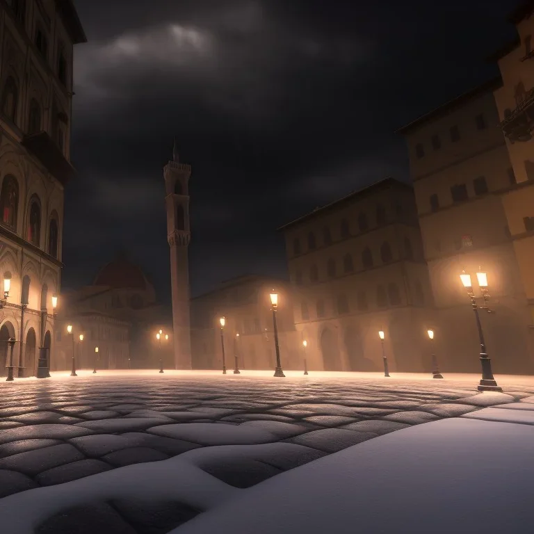 A very dark square in Florence in a stormy night. A cathedral dome in the background. Snow is covering the pavement. A black cat sitting under a streetlight. Unreal Engine. HDR. 8K.