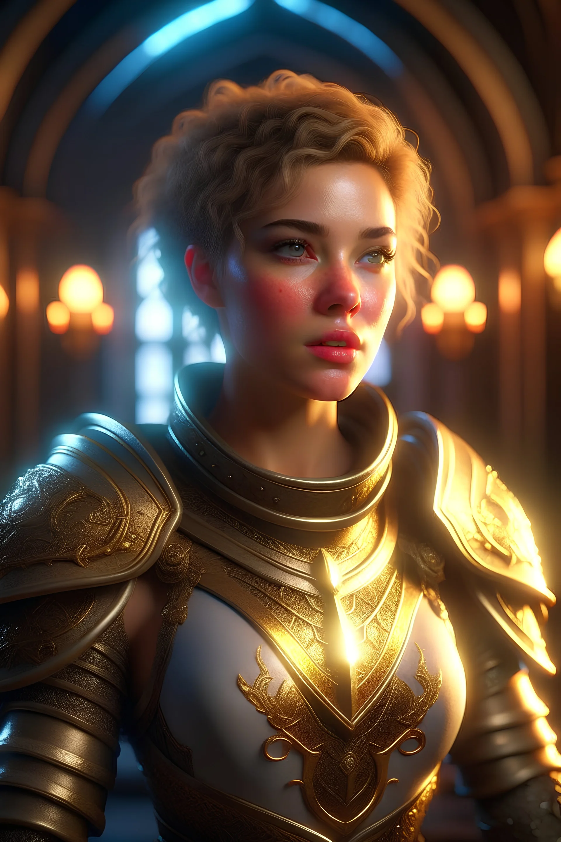 portrait of a beautiful female paladin, short messy ashen hair, pale eyes, dressed in a revealing ornamented light plate armor, standing in a temple, realistic, dim lighting, pale skin, petite, highly detailed face, very high resolution, holy, looking at the camera, smooth skin, freckles