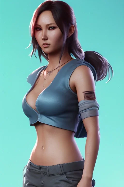  isometric clean art of super japanese woman Camilla Luddington, busty hitomi tanaka, Lara croft clothes, soft lighting, soft pastel gradients, high definition, 3d icon clay render, blender 3d