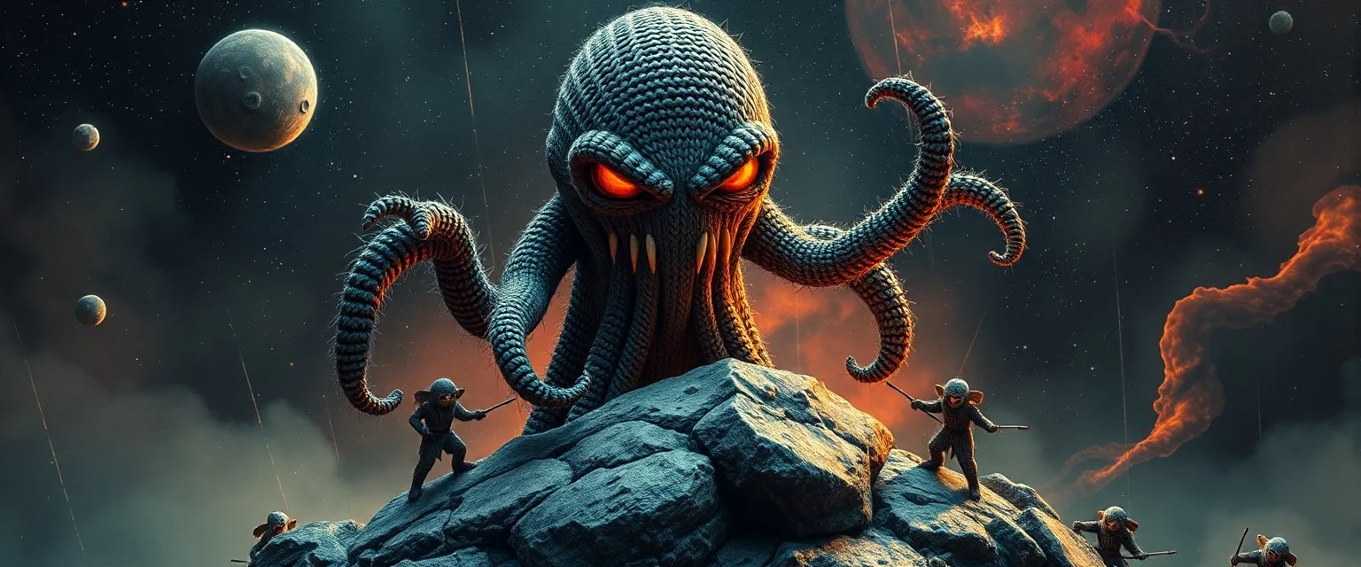 horrible space mother cthulhu monster masked as a rock, scaring the knitted heroes